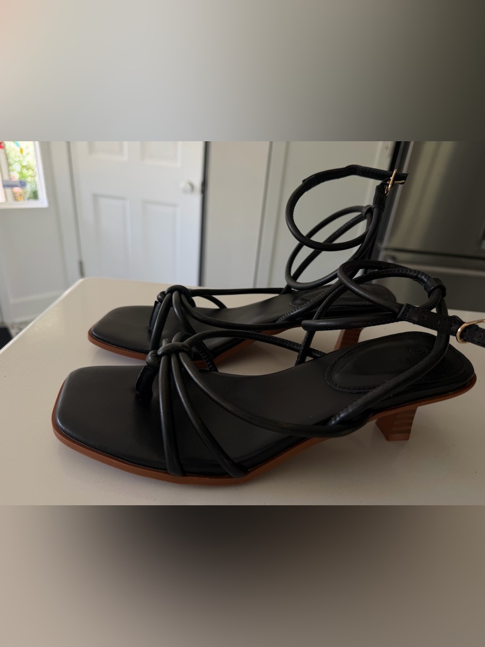 Strappy Black Square-Toe Mid Heel Sandals with Wraparound Ankle Ties, 8.5